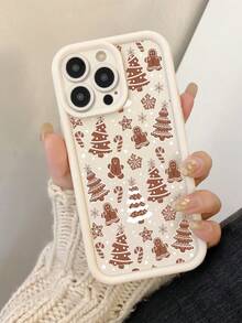 1 pezzo Custodia per telefono in arenaria beige con grafica di albero di Natale e omino di pan di zenzero, compatibile con 16/16Pro/16Plus/15/15ProMax/15Pro/11/12/13/14ProMax/12Mini/13Mini/11Pro/11ProMax/12Pro/12ProMax/13Pro/13ProMax/14Pro/14ProMax, custodia morbida, creativa e premium