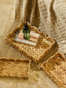 Cirelle 3 chiếc/1 chiếc Giỏ đan thủ công bằng mây, Giỏ đựng đồ hình chữ nhật bằng lục bình có cạnh hình vỏ sò, Khay mây trang trí cho bàn cà phê & đồ trang trí nội thất, Giỏ quà tặng Halloween & Giáng sinh - Màu Khaki - Xem 1