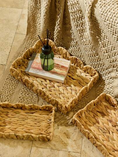 Cirelle 3pcs/1pc Handmade Woven Wicker Baskets, Scalloped Edge Water Hyacinth Rectangular Storage Baskets, Decorative Rattan Trays For Coffee Table & Furniture Decor, Halloween & Christmas Gift Baskets