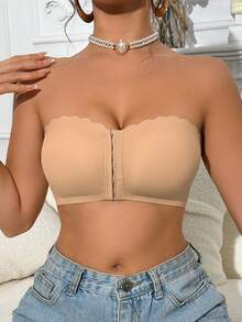 1pc Khaki Front Clasp Scoop Neck Bandeau Bra With Wide Silicone Grip Band, Comfortable Padded Seamless Bralette, Strapless Wireless Bra