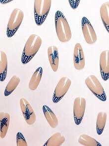24pcs Almond-Shaped French Blue Polka Dot Dolphin Full Cover Press-On Nails, Nail Art Kit Includes 1pc Jelly Gel And 1pc Nail File, Suitable For All Women And Girls For Daily Wear, Festivals, Parties, Summer Beach - 彩色 - 查看 4