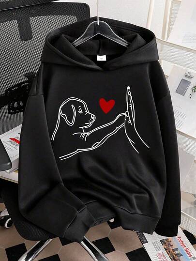 Tween Girl Cartoon Dog Print Warm Hoodie Sweatshirt