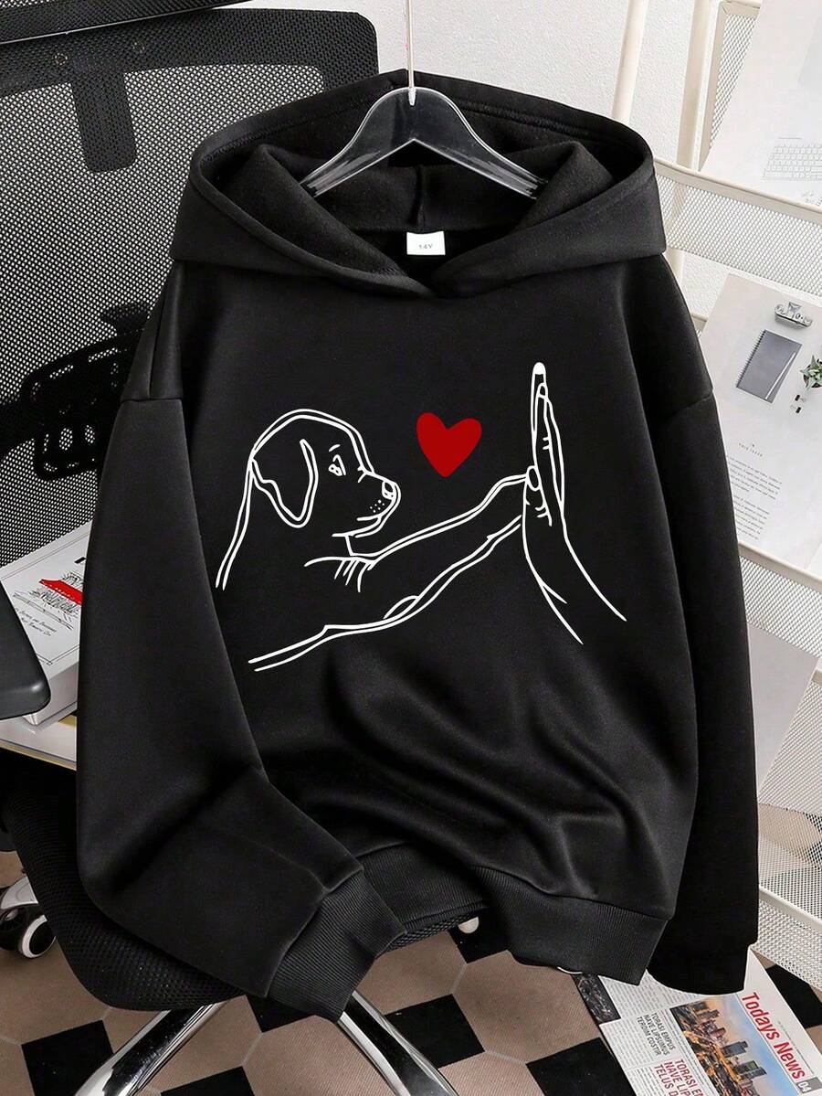 Tween Girl Cartoon Dog Print Warm Hoodie Sweatshirt