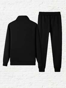 男式拼接拉链运动田径套装，春秋季 - 黑色 - 查看 2