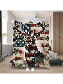 1PC 280gsm1pc American Deer Elk Camo Pattern Print Blanket, Cozy Fleece Throw Couch & Bed, Office Camping Travel Home Decor, Warm Comfort