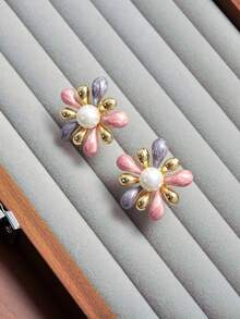 1 par de elegantes pendientes de mujer con diseño de fuegos artificiales vintage esmaltados, con perlas incrustadas, adecuados para uso diario - fuegos artificiales - Ver 6