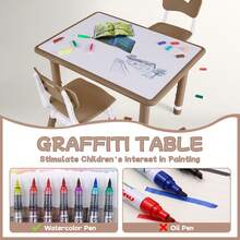 Conjunto de Mesa y Sillas para Niños Pequeños, Altura Ajustable - Escritorio Infantil Mejorado y 4 Sillas para Edades de 3 a 8 Años, Mesa Multiactividades para Niños con Superficie para Dibujar y Patrón de Mármol para Casa/Guardería/Sala de Clases - Pizarra blanca de chocolate - Ver 6