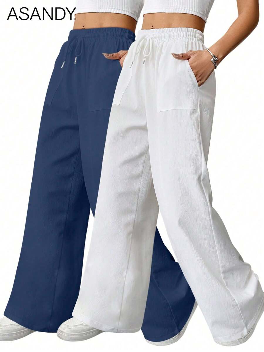 2pcs/Set Casual Wide Leg Pants, Loose Drawstring Waist Solid Color Wide Leg Long Pants - Multicolor - View 1