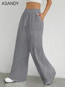 2pcs Set Casual Wide Leg Pants, Loose Drawstring Waist Solid Color Long Trousers - White+Gray - View 7