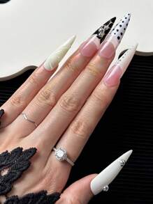 45 毫米超长细高跟指甲法式手工按压指甲，多色人造指甲，带钢珠装饰，渐变手绘创意对比色组合，3D 图案设计，全覆盖 DIY 闪光假指甲（10 片/包）美甲用品美甲 - 彩色 - 查看 4