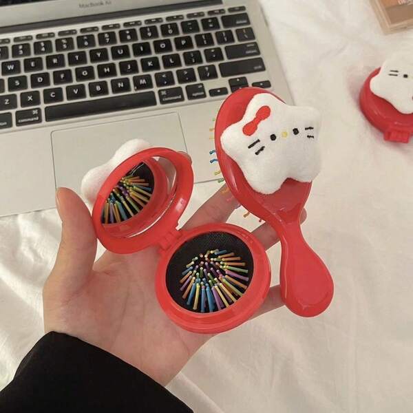 Sanrio Sanrio Kitty Katzen Kollaboration, süße tragbare faltbare antistatische Massage Haarbürste, Glättungskamm, Mini Faltbürste, süß & liebevoll Makeup-Tool für den täglichen Gebrauch, Reisen, Geburtstag, Valentinstag, Geschenk für beste Freundin