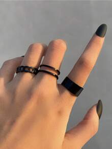 3 件套炫酷开口可调节简约女士戒指套装 - 黑色 - 查看 4