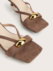 Sandalias de tacón alto con puntera cuadrada y decoración metálica, estilo casual de mulas para uso al aire libre, nueva moda elegante para mujeres 2025 - Marrón - Ver 4