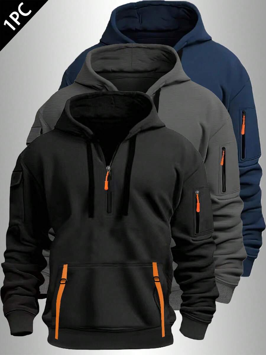 男士长袖拉链连帽抓绒卫衣 - 柔软舒适,袖口带口袋 - 适合休闲外出、周末穿着,春、秋、冬季皆宜,亦可作为圣诞礼物 - 黑色 - 查看 1