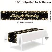 1pc 18 21 30 40 50 60 Years Old Happy Birthday Polyester Table Runner, 1pc Black & Gold Glitter Tablecloth, Birthday Party Decorations & 30 40 50 Anniversary Retirement Party Supplies, Suitable For Holiday Restaurant And Kitchen Decor, Also Can Be Used For Outdoor Theme Parties