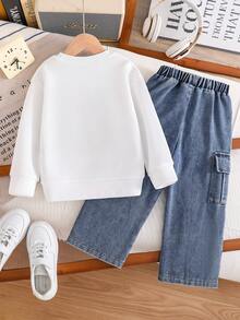 幼儿卡通印花保暖圆领运动衫和牛仔裤套装 - 白色 - 查看 2