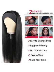 bling hair 55.9 Cm Real Hair Headband Wig For Women, Adhesive-Free Wigs, Brazilian Real Hair Wig, 200% Density, Natural Color - Natural Black - 查看 5