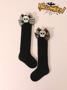 1 双女孩简约万圣节趣味卡通装饰踝袜，闪亮蝴蝶结点缀纯色罗纹及膝袜，四季皆宜 - 彩色 - 查看 15
