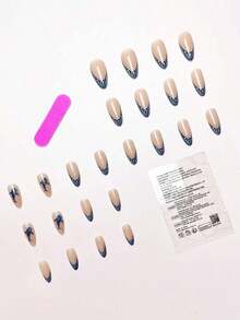 24pcs Almond-Shaped French Blue Polka Dot Dolphin Full Cover Press-On Nails, Nail Art Kit Includes 1pc Jelly Gel And 1pc Nail File, Suitable For All Women And Girls For Daily Wear, Festivals, Parties, Summer Beach - 彩色 - 查看 3