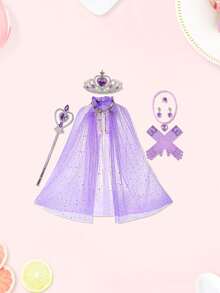 7pcs/Set Ice Princess Crown Headband, Star Print Cape, Heart Magic Wand, Necklace, Ring, Earrings, Bag, Cosplay Princess Accessories