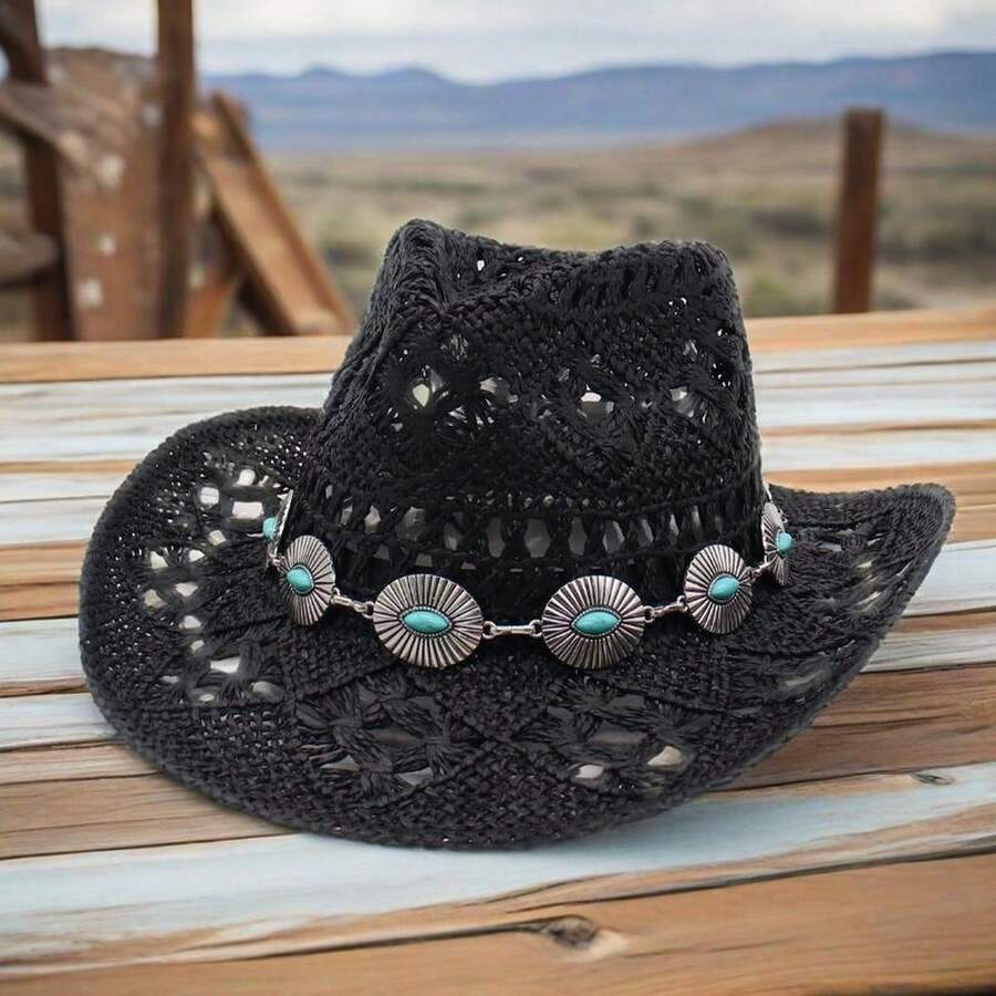 Sun Straw Hat For Women Summer Wide Brim Hollow Out Western Fedora Chain Decor Breathable Cowgirl Hat - màu đen - Xem 1