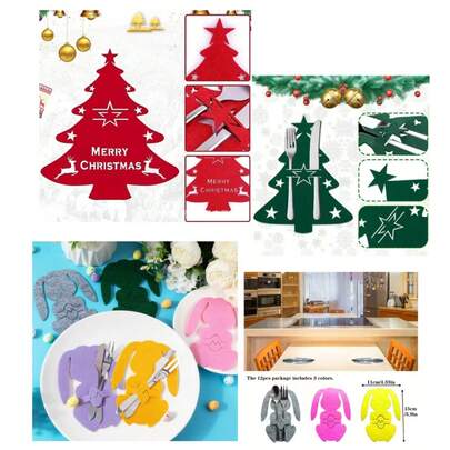 Juego de vajilla con forma de conejo, decoración de mesa de comedor con huevos de fieltro, bolsa para cubiertos, decoración navideña, juego de cubiertos de fieltro, bolsa para tenedor y cuchara en forma de mini árbol de Navidad, decoración de mesa de comedor navideña