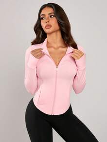 NcmRyu 1 Áo khoác thể thao tay dài có khóa kéo thời trang dành cho nữ, màu trơn co giãn ôm vừa vặn, tôn dáng, áo khoác tay dài mềm mại và thoải mái dành cho nữ - Hồng - Xem 6