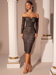 Women's Elegant Lace Sweetheart Neck Off Shoulder Long Sleeve Backless Bandage Cocktail Party Dress