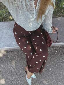Women's Versatile Comfortable Polka Dot Zipper Long Pants, Straight Leg Y2K Style Trousers - Coffee Brown - View 7