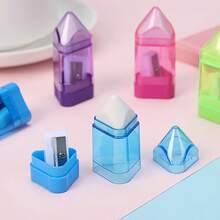 4 件随机颜色多功能橡皮擦和铅笔刀 - 二合一便携式文具工具，适合学生和办公室使用，无需电池，塑料结构，美术用品礼物