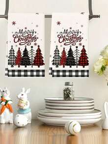 2pcs Christmas Hand Towels, Plaid & Christmas Tree Pattern Design, Advent Gift, Christmas Surprise, Cleaning Cloths, Kitchen And Dining Decor, Outdoor Party Supplies, Suitable For Christmas Kitchen And Bathroom Decoration