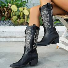 Western Style Embroidered Chunky Heel Mid-Calf Boots For Women, Vintage Boots For Outdoor Travel, Horseback Riding, Music Festivals, Fashion Essential - Black - View 1