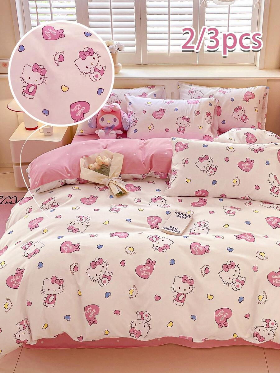 SANRIO 可爱印花 2/3 件床上用品套装 - ///（1 件羽绒被套 + 1/2 件枕套，无填充物）卡通全尺寸，柔软舒适，适合宿舍、家庭卧室、酒店、所有季节，带拉链开合和枕套，多色耐用，超大床上用品，超大羽绒被套套装 - 心跳kt貓 - 查看 1