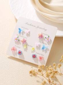 6/7 Pares de Brincos Conjunto Colorido de Borboleta, Coração, Flor, Nuvem, Melancia, Cereja, Pentagrama, Geométrico, Adequado para Amigos, Uso Diário