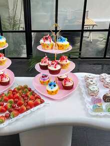 1 件甜点纸杯蛋糕架，3 层纸杯蛋糕架，适用于茶会/生日/婚礼，塑料分层托盘，带金属杆 - 粉色 - 查看 6