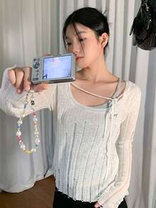 Apricot Oversized Crew Neck Slim Fit Ripped Knitted Top With Shoulder Cut-Outs, Tie Bow Design, Long Sleeve Cover Up Shawl Jacket For Women, Sun Protection - Apricot - View 8