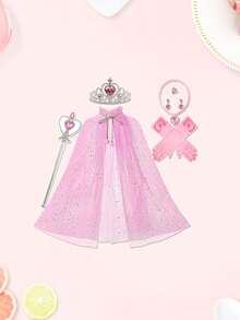 7pcs/Set Ice Princess Crown Headband, Star Print Cape, Heart Magic Wand, Necklace, Ring, Earrings, Bag, Cosplay Princess Accessories