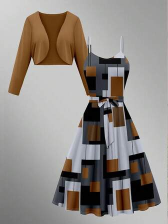 2 件套女士纯色长袖简约夹克和连衣裙套装