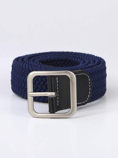 1pc Men's Navy Blue Elastic Woven Belt, Square Buckle Casual Belt For Young Adults & Students, Stretchable