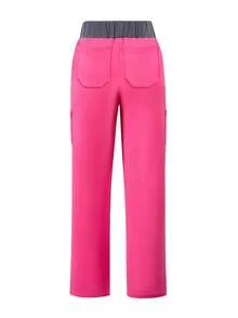 cimmuovere 女士撞色弹力裤，舒适裤子，纯色简约多口袋裤