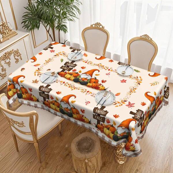 1pc Thanksgiving Tablecloth, Pumpkin & Maple Leaf Fairy Tablecloth, "Hello Fall" Autumn Theme Dining Table Cover, Polyester Fabric, Lace Edging, Rectangular & Round Sizes, Suitable For Indoor & Outdoor, Farmhouse Style Kitchen & Dining Room Decor, Thanksgiving Holiday Gift, Durable Machine Washable Quality Home Tablecloth