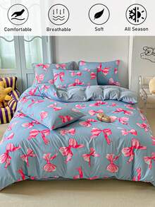 2/3 件蓝色蝴蝶结图案数码印花羽绒被套，适合所有季节的可爱床上用品套装，卧室装饰，柔软透气，可机洗（1 个羽绒被套 + 1/2 个枕套，无填充物）