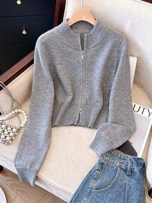 1 pieza Cárdigan de punto de unicolor con cremallera de doble vía, adecuado para vacaciones, uso diario, viajes, fiestas de cumpleaños, citas nocturnas, otoño/invierno