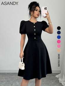 女士休闲纯色纽扣灯笼袖迷你连衣裙 - 黑色 - 查看 1
