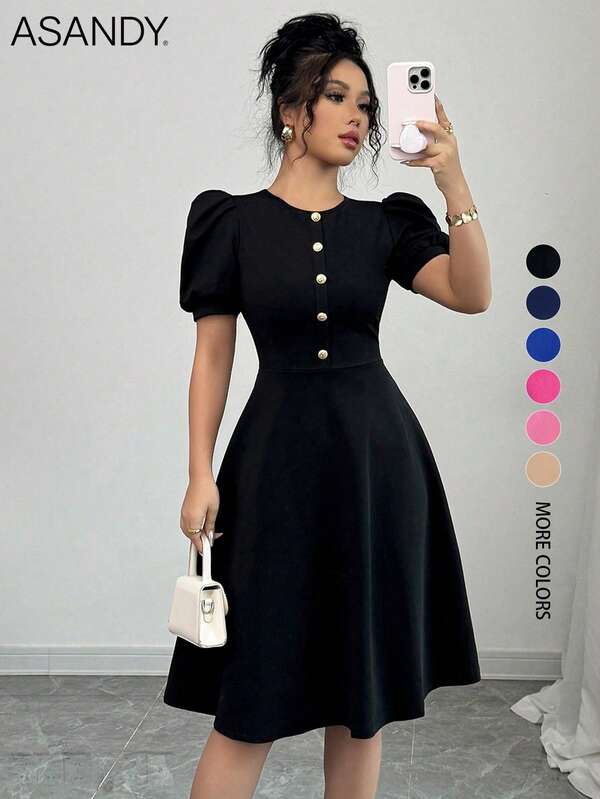 Women's Casual Solid Color Button Lantern Sleeve Mini Dress