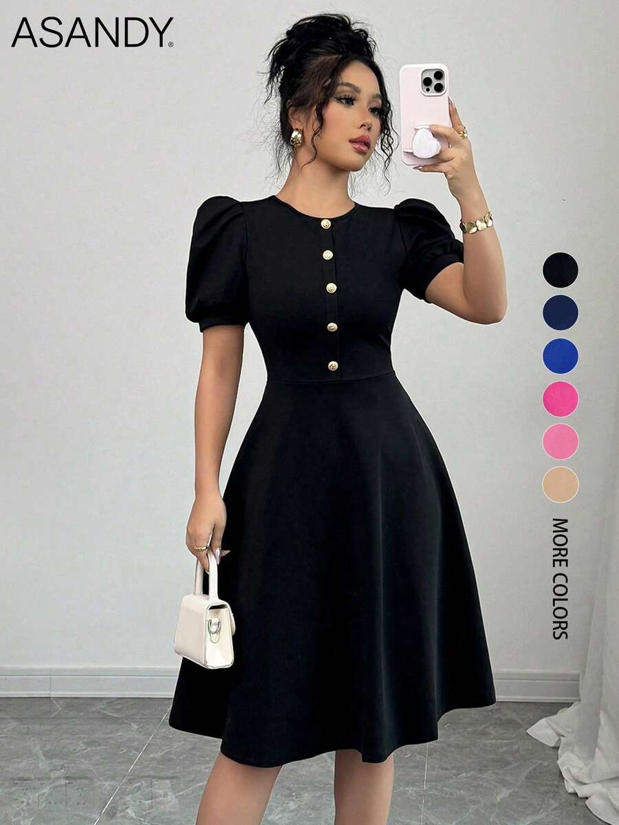 女士休闲纯色纽扣灯笼袖迷你连衣裙 - 黑色 - 查看 1