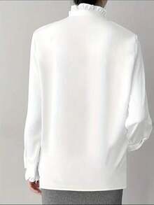 White Ruffle Collar Blouse For Women, Solid Color Minimalist Casual Everyday Wear - White - View 2