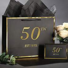 1set/3sets/5sets,Black And Pink 50th Birthday Gift Bag With Card And Tissue Paper For Men Women, Elegant Black Gold Anniversary Keepsake Party Present Shopping Paper Bags For Gifts Wrapping