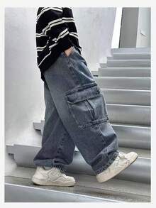 Boys' Loose Straight Leg Denim Cargo Pants, Spring/Autumn - Medium Wash - View 1