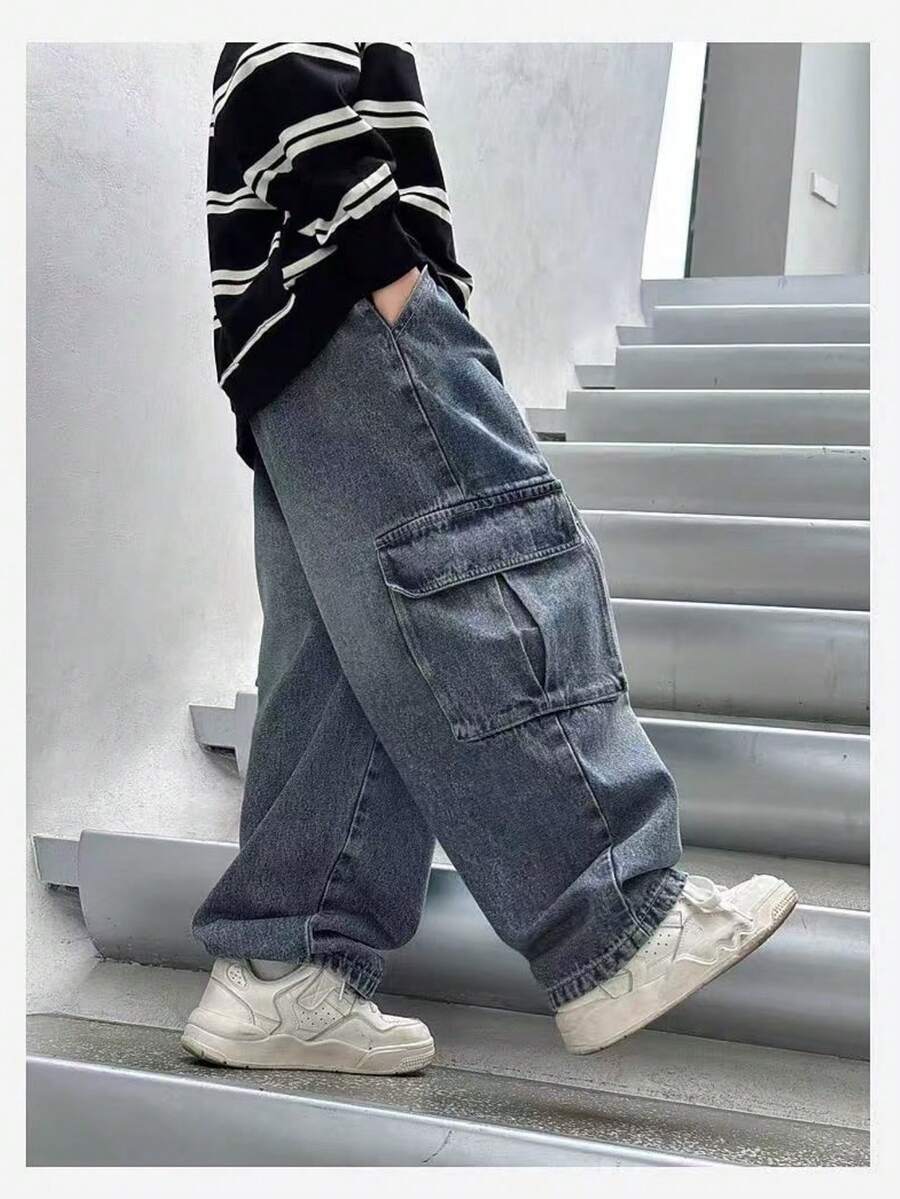 Boys' Loose Straight Leg Denim Cargo Pants, Spring/Autumn - Medium Wash - View 1